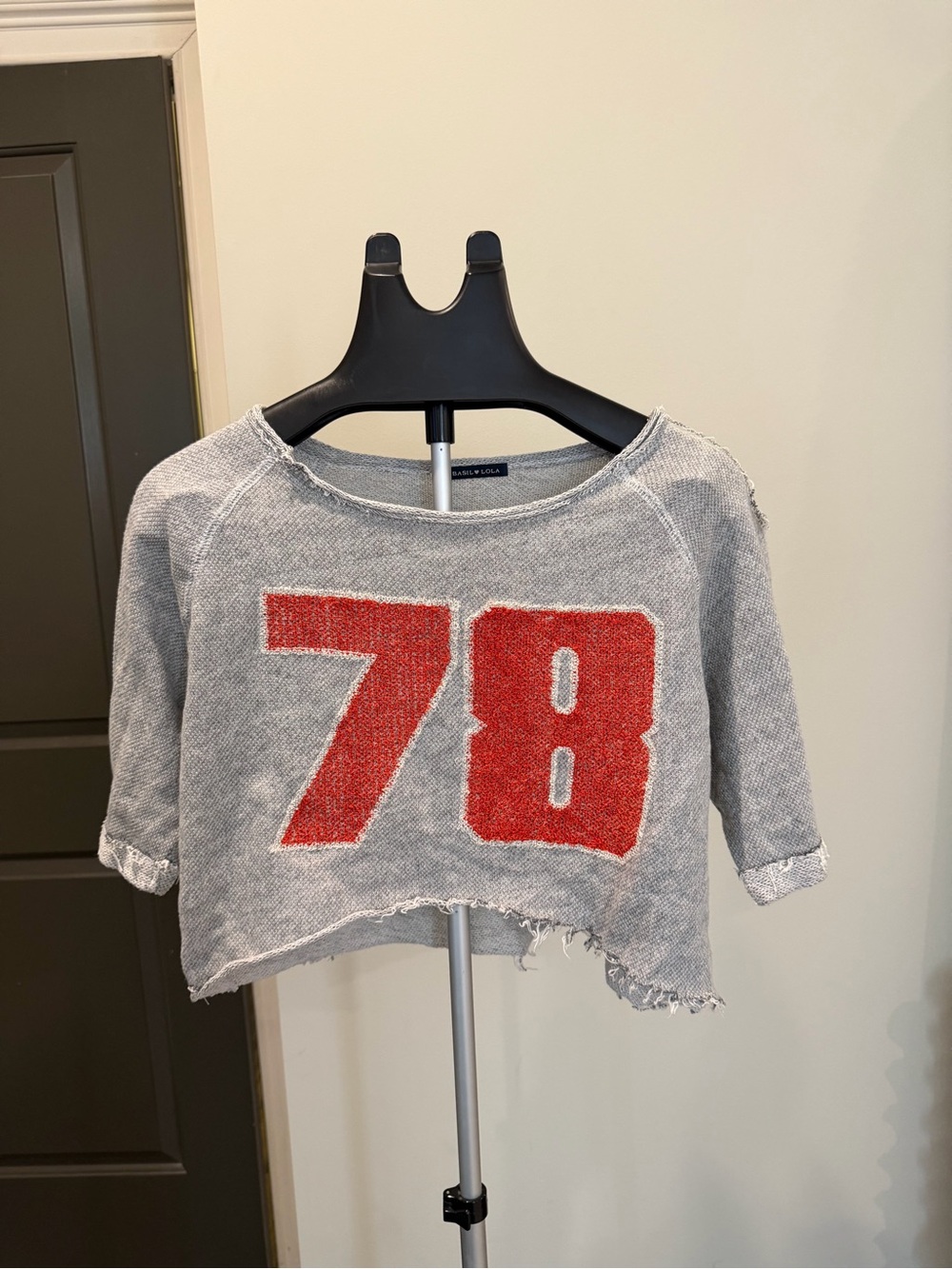 Basil Lola Gray Red 78 Graphic Cropped Sweatshirt Tee S